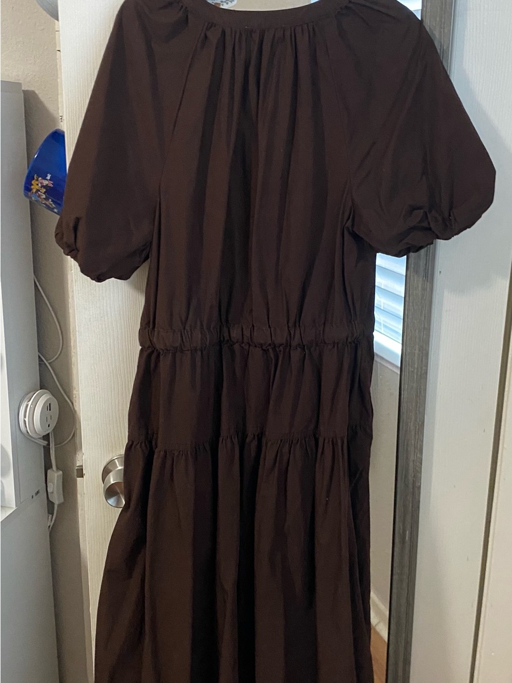 women Brown Puff Sleeve Tiered Dress